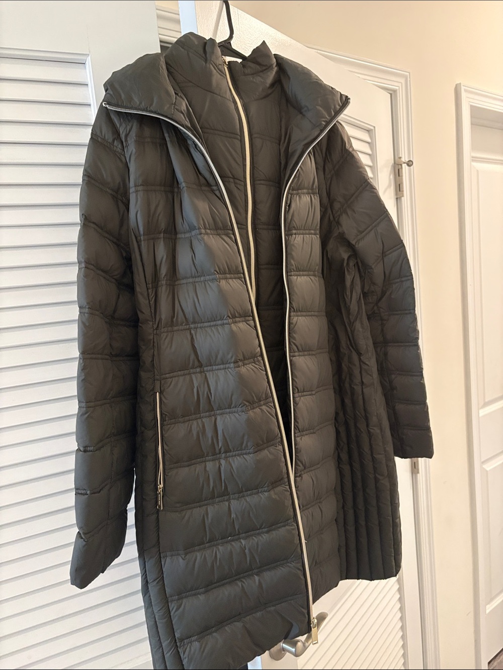 Michael Kors Long Quilted Hooded Puffer Coat in Charcoal